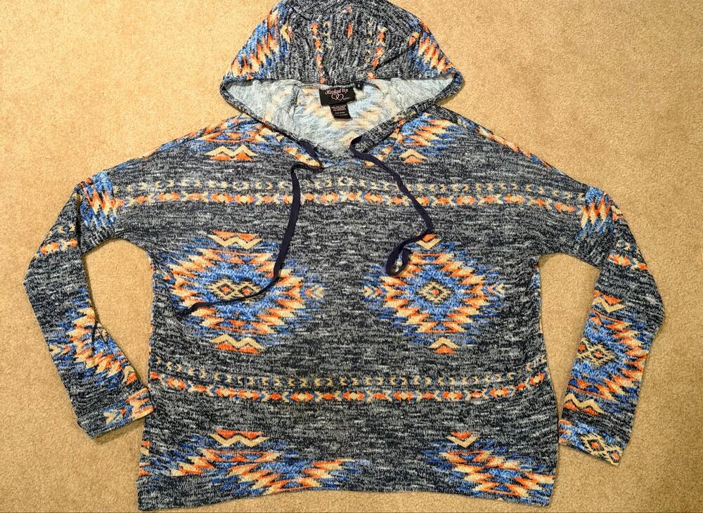 Hooked Up by I.O.T. Southwestern Aztec Print Hoodie Sweater Charcoal Blue S